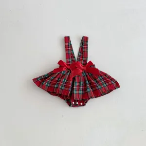 Infant baby red plaid suspender skirt romper with cute red bow details showcase