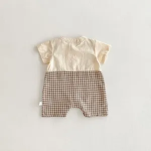 Infant baby romper short sleeve plaid splicing summer toddler cute cotton clothing detail.