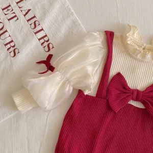 Neonato bambina tutina manica lunga fiocco rosso colletto volant dettaglio