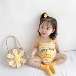 Cute summer baby romper in yellow stripes with smile print, soft cotton infant clothes.
