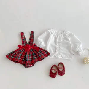 Infant baby girl spring autumn long sleeve blouse red plaid suspender skirt clothing set.