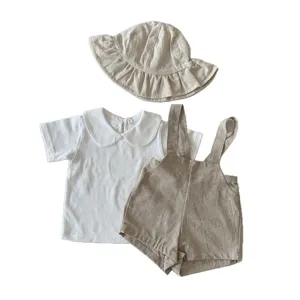 Baby Summer Cotton Romper Set Infant Short Sleeve TShirt With Strap Shorts And Hat Korean Style Cute Kids Clothing Outfit