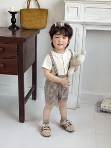 Infant Korean-style baby romper short sleeve doll collar plaid fake two-piece summer baby clothes