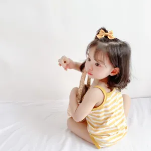 Summer baby cotton sleeveless romper in yellow stripe design, cute infant bodysuit for daily wear.