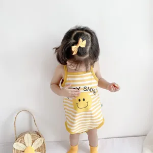 Summer baby cotton romper, cute yellow striped infant onesie with smiley face design for infants.