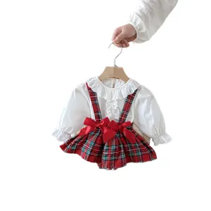 Cute baby girl spring autumn long sleeve blouse and red plaid suspender skirt outfit set.