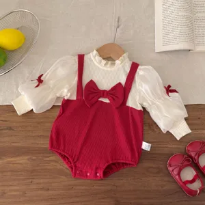 Tutina neonata maniche lunghe con fiocco rosso costina abbigliamento primavera autunno neonato