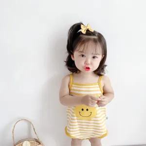 Summer baby strap romper, yellow stripe smiley face print, lightweight pure cotton infant clothes.