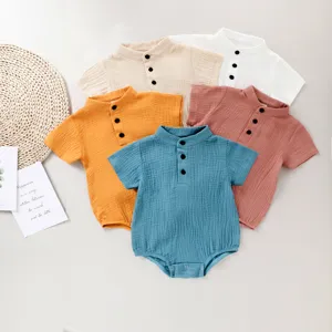 Cute baby short sleeve romper set with henley collar, soft breathable fabric for newborn infant summer.