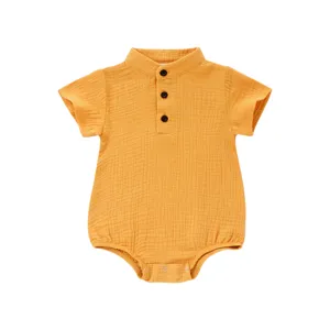 Baby Short Sleeve Romper Yellow Cotton Gauze Infant Bodysuit Newborn Summer Clothes