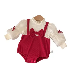 Neonata bambina tutina manica lunga fiocco rosso carino vestiti autunno abbigliamento neonato
