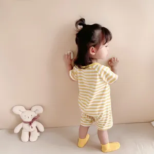 Cute baby summer short sleeve romper yellow striped cotton infant baby girl and boy clothes