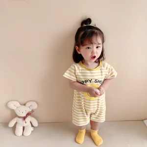 Infant baby summer short sleeve romper, cute striped design, pure cotton, comfortable wear.