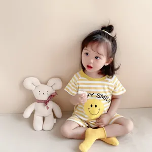 Baby romper summer thin pure cotton short sleeve cute yellow striped bodysuit infant clothes