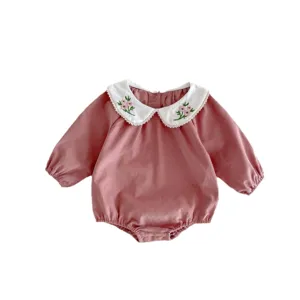 Graziosa tutina neonato maniche lunghe ricamo floreale colletto autunno inverno cotone body