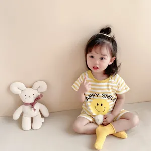 Cute infant baby romper summer short sleeve striped newborn clothing with sweet smile print.