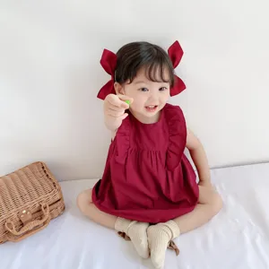 Abito in cotone per bambina stile coreano adorabile romper senza maniche con fiocchi.