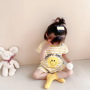 Infant baby striped romper summer short sleeve onesie with cute smile face print cotton.