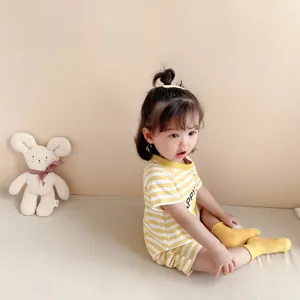 Baby short sleeve striped romper set, summer soft cotton infant clothing for boys and girls.