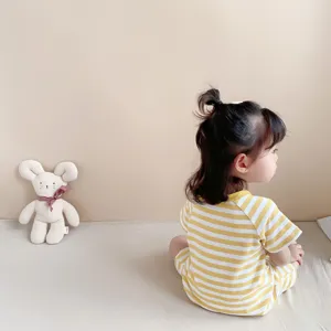 Baby summer thin cotton short-sleeve romper, cute yellow striped design for infant daily wear.