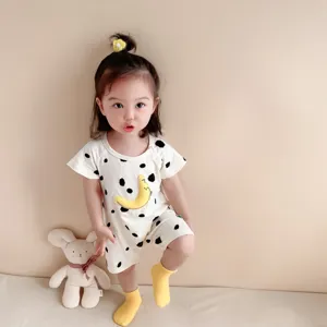 Cute summer baby romper with banana print, short sleeve cotton infant onesie for boys and girls.