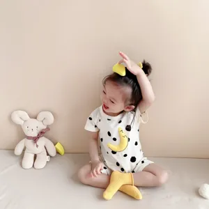 Infant baby romper short sleeve cotton bodysuit with cute black spots and yellow moon decor