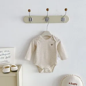 Cozy striped baby bodysuit with cute bear embroidery, soft cotton newborn romper for spring autumn.