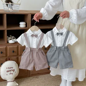 Toddler baby boy summer outfit set short sleeve white shirt with bow tie and plaid suspender shorts