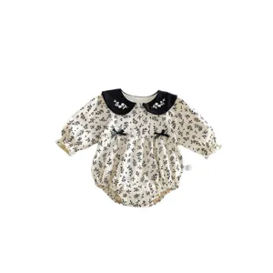 Mameluco de bebé niña floral manga larga cuello negro lazo ropa infantil adorable