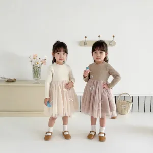 Toddler girls spring knit mesh splicing dress long sleeve cute toddler kids apparel detail view
