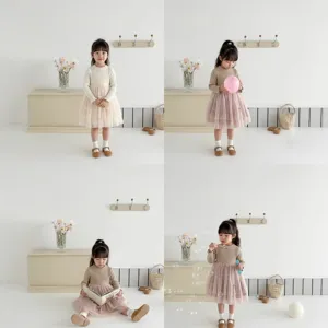Toddler baby girls spring knit patchwork tulle dress cute long sleeve casual party dress
