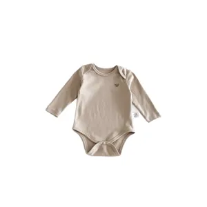 Pure cotton long sleeve baby romper in neutral beige with cute bear embroidery for newborns.
