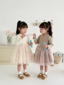 Toddler Baby Girls Long Sleeve Dress Solid Color Ribbed Wood Edge Spliced A-Line Dress Spring Children Clothes