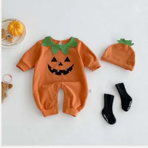 Baby Halloween pumpkin romper and hat set, cute long sleeve crawler with matching socks.