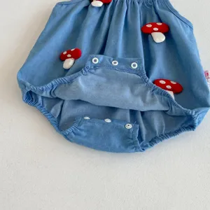 Bebé verano mameluco de denim lindo hongo niña jumpsuit ropa ligera detalle de diseño