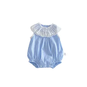 Süsses Baby blaues gestreiftes Spitzen Puppenkragen ärmellos Sommer Neugeborene Bodysuit