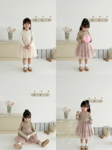 Cute toddler girls spring long sleeve knit spliced tutu dress sweet princess dress for kids