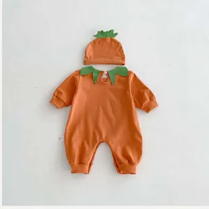 Cute baby pumpkin costume set with long sleeve romper and matching hat for Halloween.