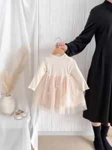 Toddler girl ribbed knit long sleeve tulle mesh spliced dress infant cute princess party