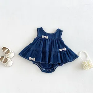 Bimba denim bolla tutina abito dettaglio, fiocco carino, vestito senza maniche per neonata