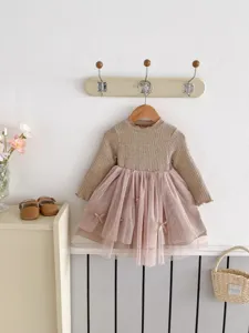 Cute baby girl long sleeve ribbed knit spliced mesh tutu dress with bow accents for toddler