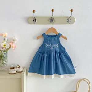 Meisjes Zomer Mouwloos Denim Bloemen Geborduurd Jurk Prinses Zoet Casual Feest Outfit