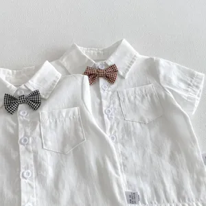 Boys white short sleeve shirt with plaid bow tie infant clothing detail presentation