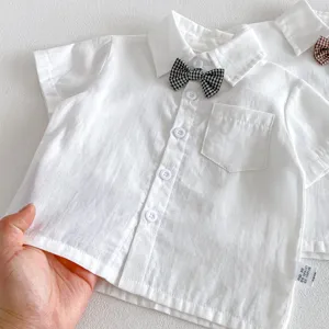 Baby boys white short sleeve shirt with checkered bow tie toddler summer top infant clothes