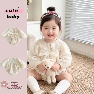 Grenouillère à Manches Longues pour Bébé Fille Doux Col Claudine Dentelle Maille Princesse Nouveau-né Bébé Combi Vêtements d'Automne