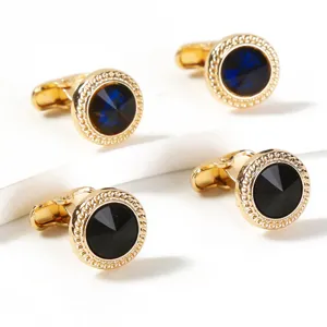Boutons de manchette ronds en métal classique avec pierres bleues et noires pour chemises.