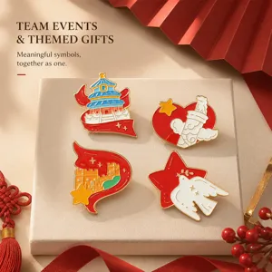 Close-up of Chinese landmark enamel pins set, patriotic metal brooches for gifts.
