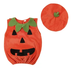 Cute baby Halloween pumpkin sleeveless romper with matching hat, soft infant costume set.