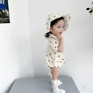 Baby girl summer cherry romper and matching hat set, cute short sleeve infant bodysuit.