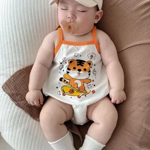Estate neonato carino stampa tigre cartone animato romper senza maniche vestiti cotone morbido